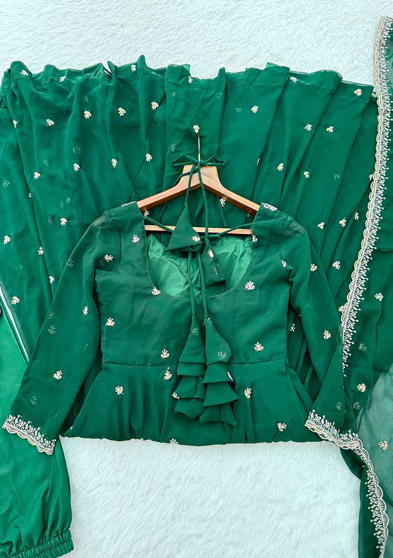 Green Embroidery Georgette Anarkali Set With Duppata - Indya
