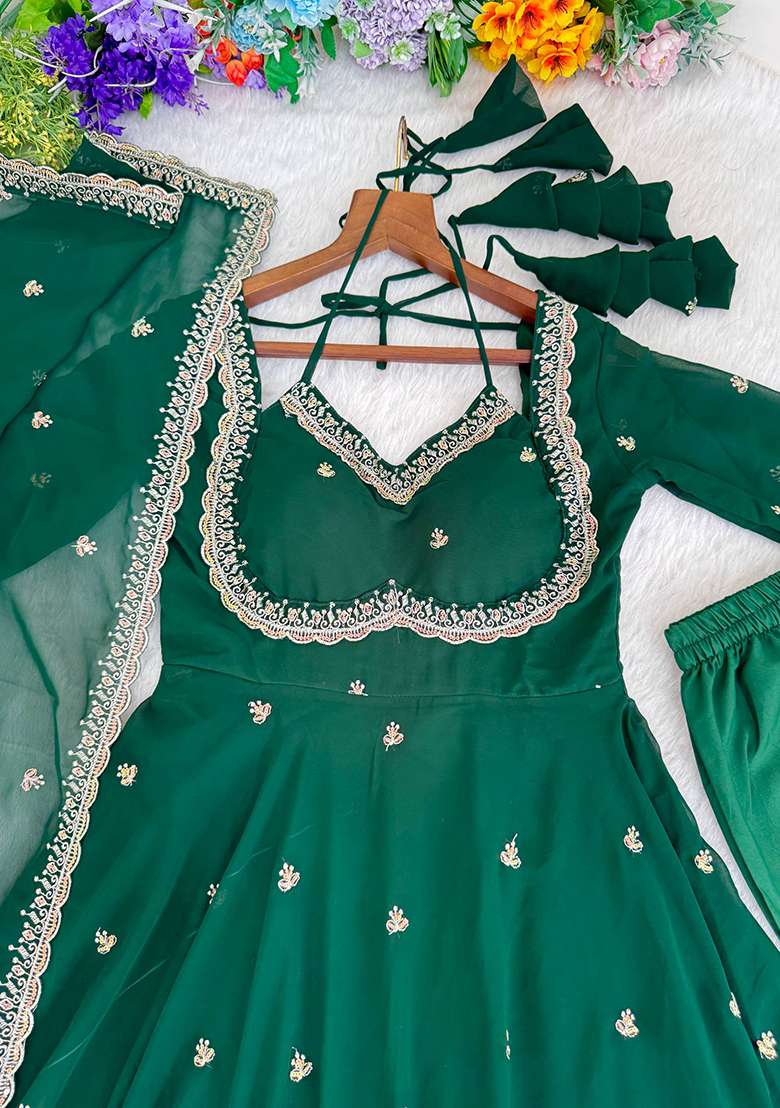 Green Embroidery Georgette Anarkali Set With Duppata - Indya