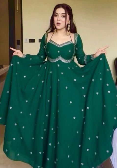 Green Embroidery Georgette Anarkali Set With Duppata