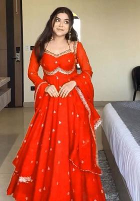 Orange Embroidery Georgette Anarkali Set With Duppata