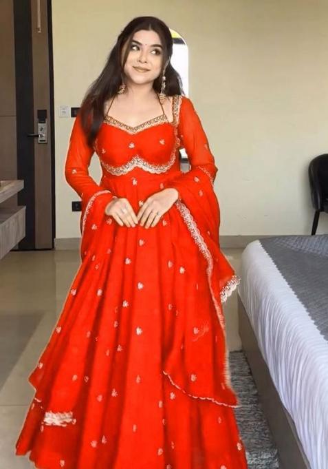 Orange Embroidery Georgette Anarkali Set With Duppata