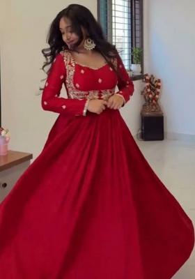Red Embroidery Silk Anarkali Set With Duppata