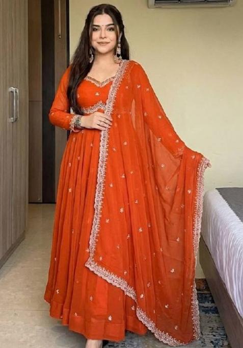 Rust Orange Embroidery Georgette Anarkali Set With Duppata
