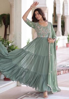 Sea Green Embroidery Faux Blooming Anarkali Set