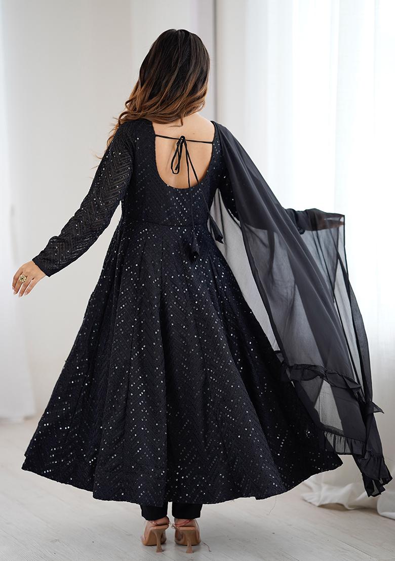Black Sequence Work Georgette Kurta Set - Indya