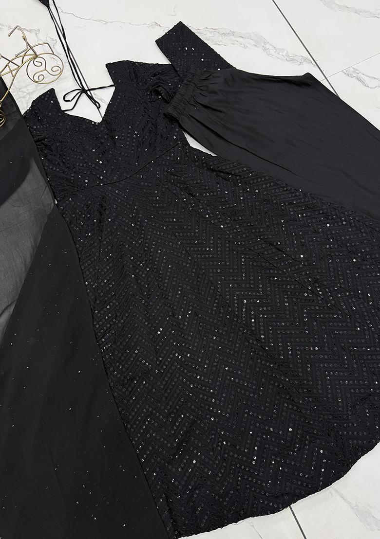 Black Sequence Work Georgette Kurta Set - Indya