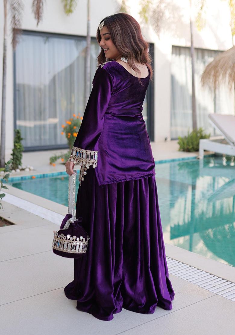 Purple Mirror Work Velvet Kurta Set - Indya