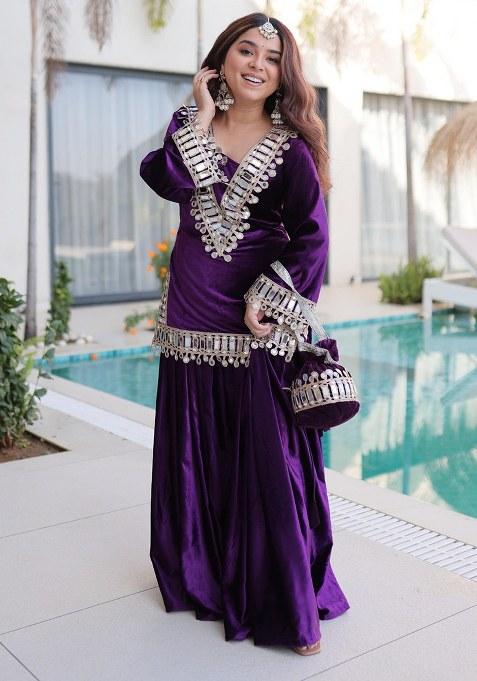 Purple Mirror Work Velvet Kurta Set