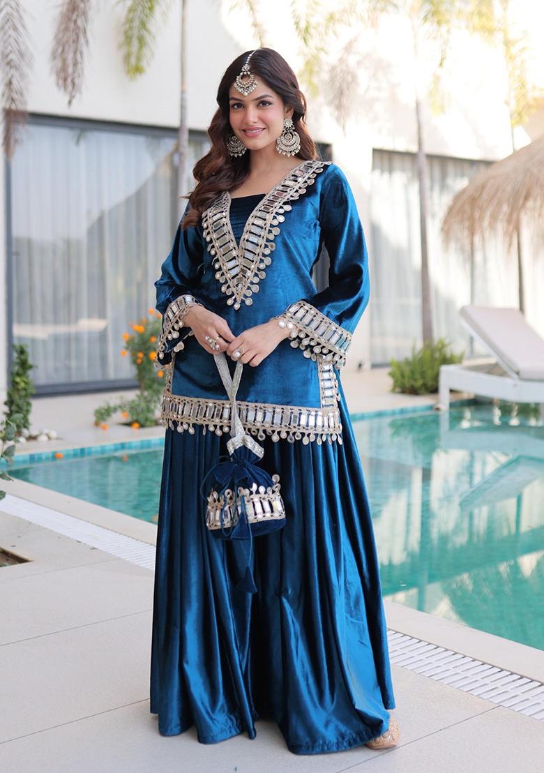 Rama Mirror Work Velvet Kurta Set - Indya
