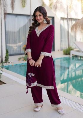 Wine Mirror Work Velvet Kurta Set