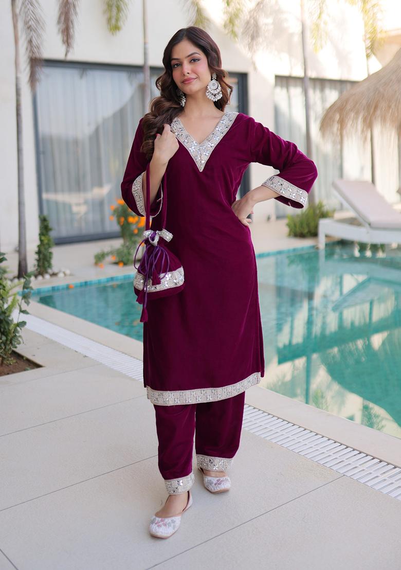 Wine Mirror Work Velvet Kurta Set - Indya