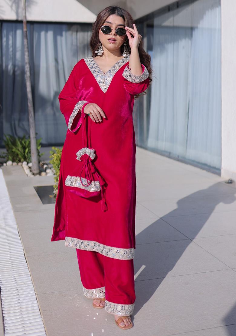 Ranipink Mirror Work Velvet Kurta Set - Indya