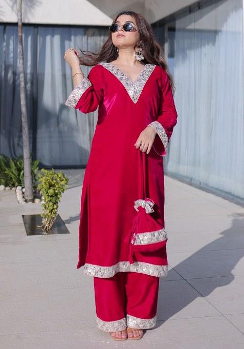 Ranipink Mirror Work Velvet Kurta Set