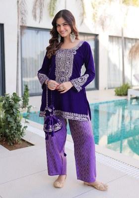 Purple Embroidery Velvet Kurta Set