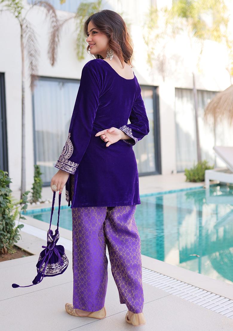 Purple Embroidery Velvet Kurta Set - Indya