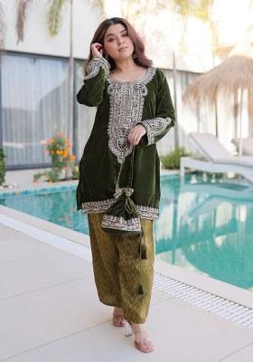 Mehandi Embroidery Velvet Kurta Set
