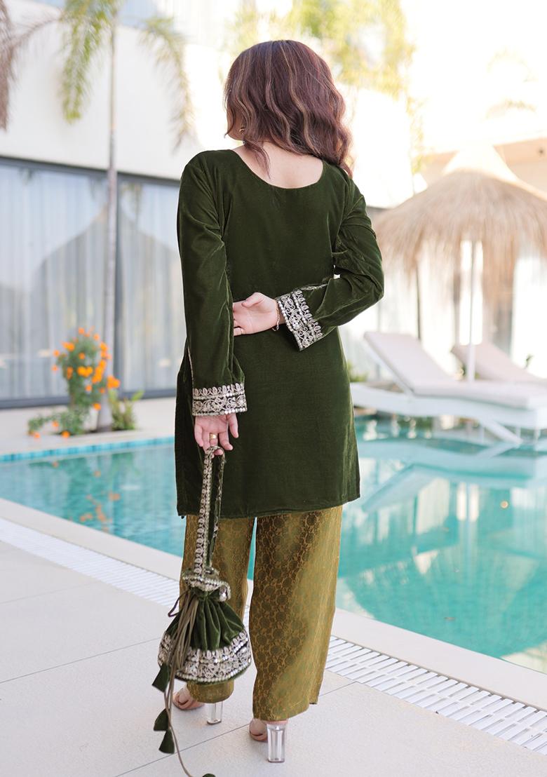 Mehandi Embroidery Velvet Kurta Set - Indya