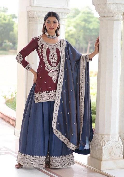 Maroon Embroidery Silk Kurta Set