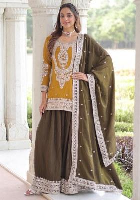 Mustard Embroidery Silk Kurta Set