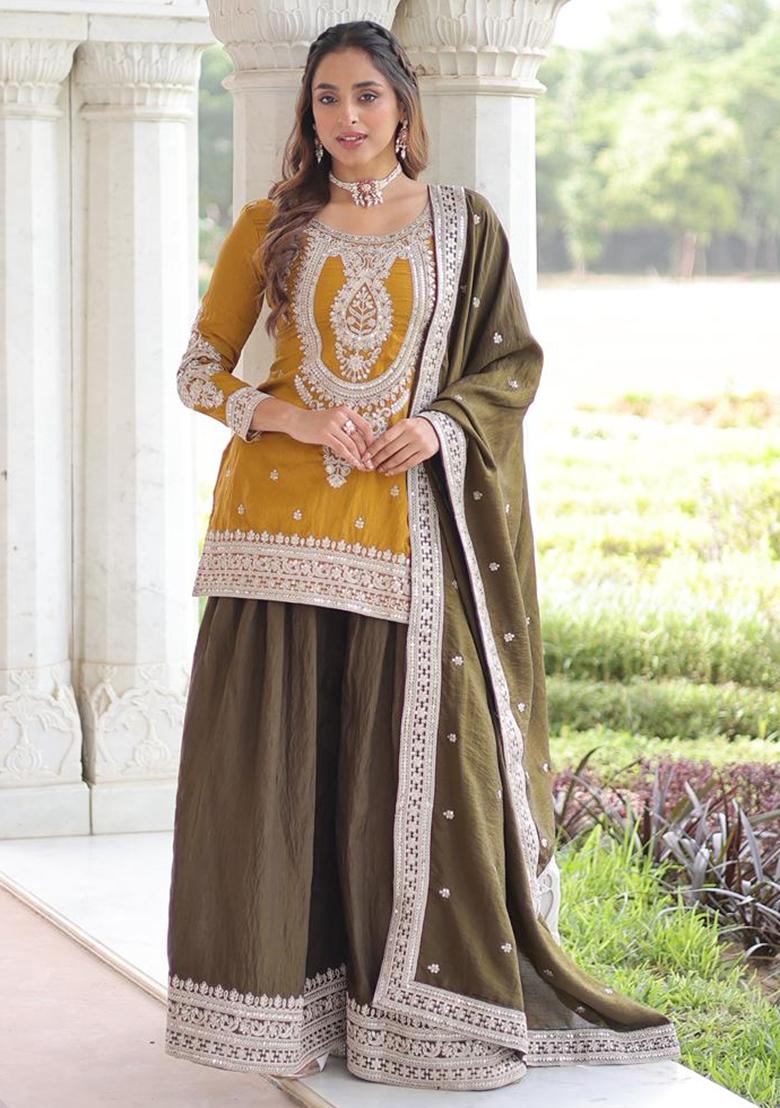 Mustard Embroidery Silk Kurta Set - Indya