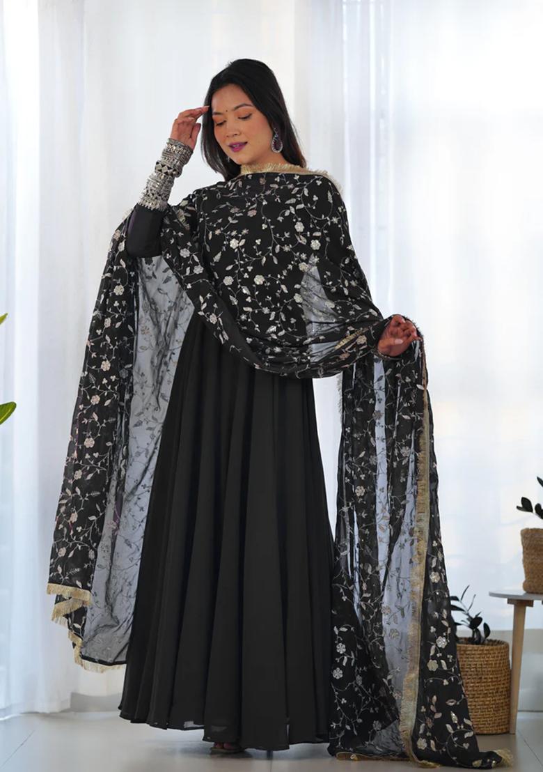 Black Embroidery Georgette Kurta Set - Indya