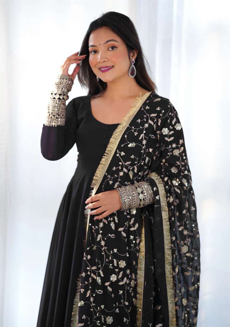 Black Embroidered Georgette Anarkali Set - Indya