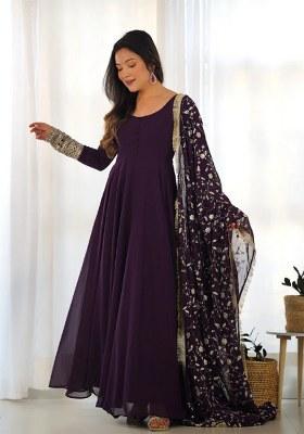 Wine Embroidery Georgette Kurta Set