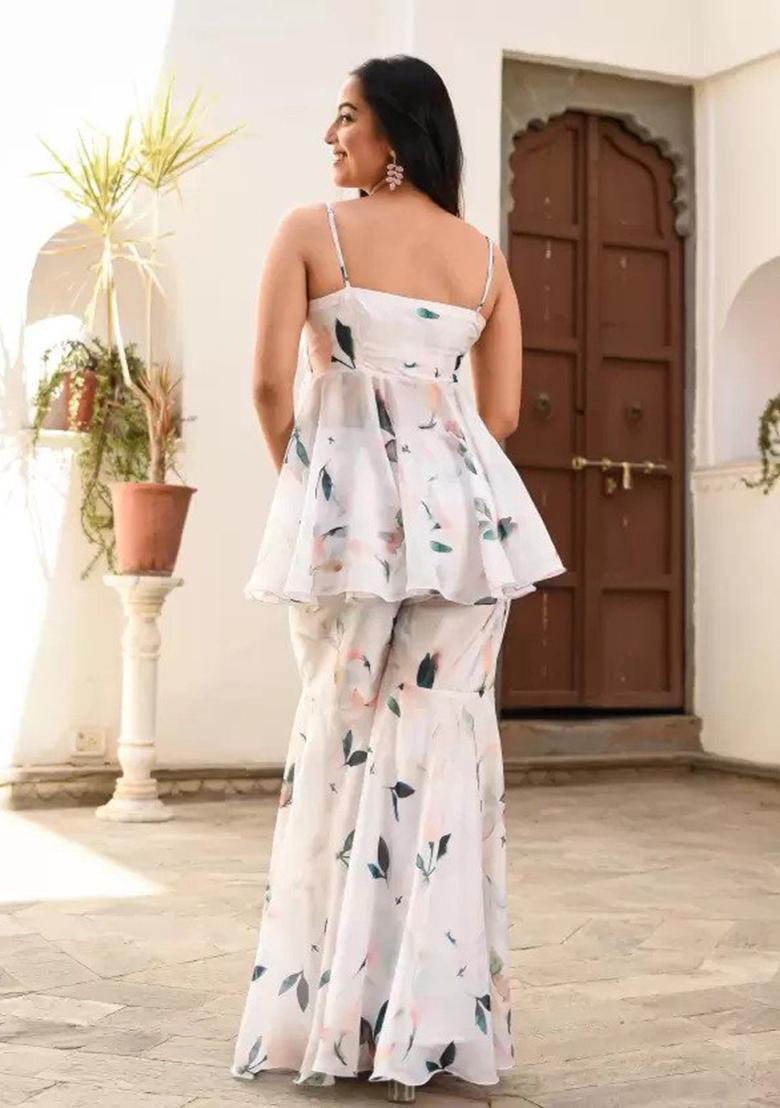 White Printed Georgette Kurta Set - Indya