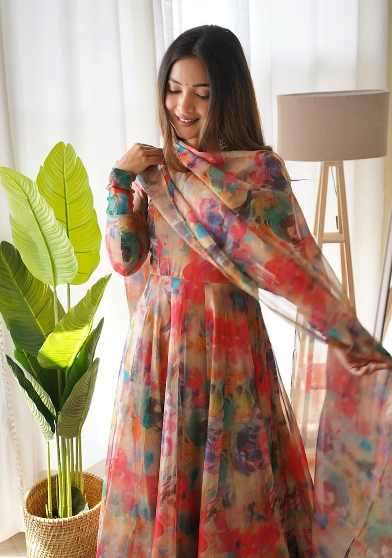 Red Printed Organza Kurta Set - Indya