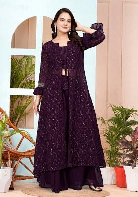 Wine Embroidery Georgette Kurta Set