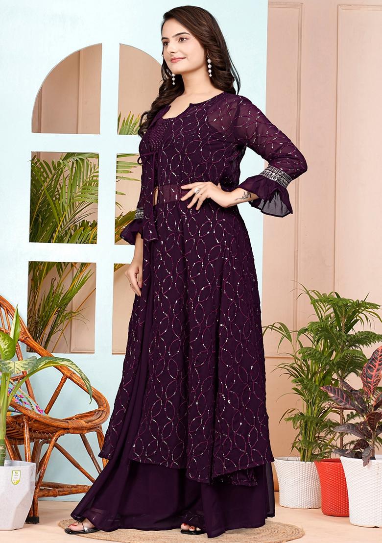 Wine Embroidery Georgette Kurta Set - Indya