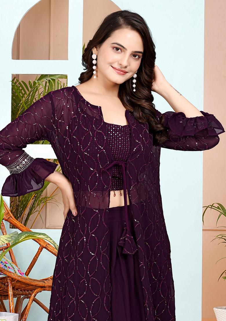 Wine Embroidery Georgette Kurta Set - Indya