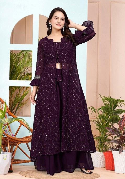Wine Embroidery Georgette Kurta Set