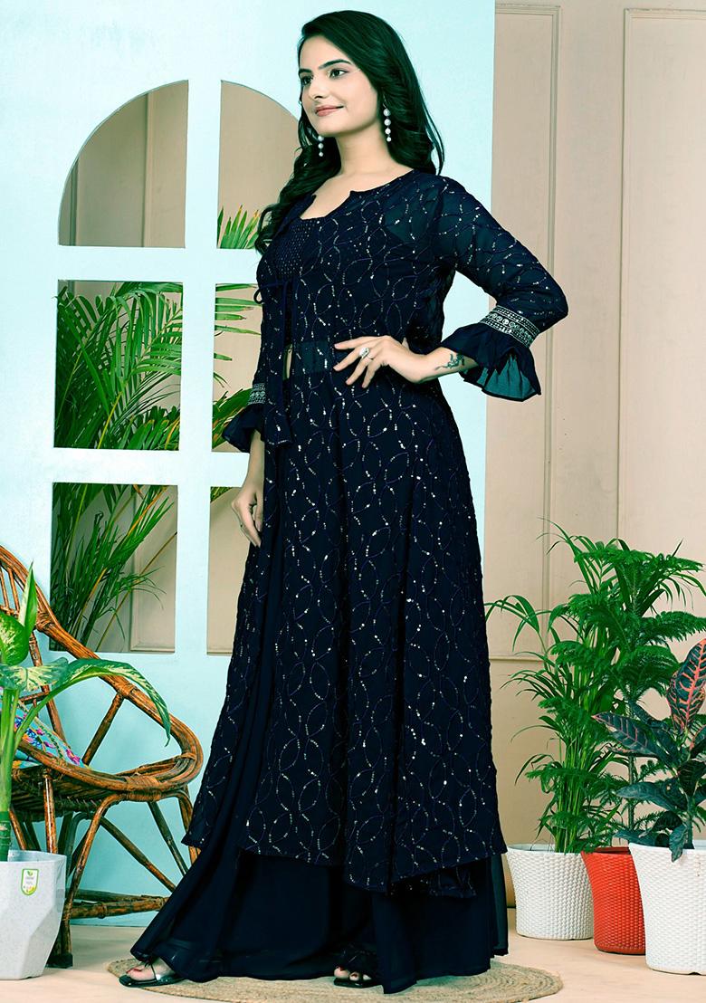 Black Embroidery Georgette Kurta Set - Indya