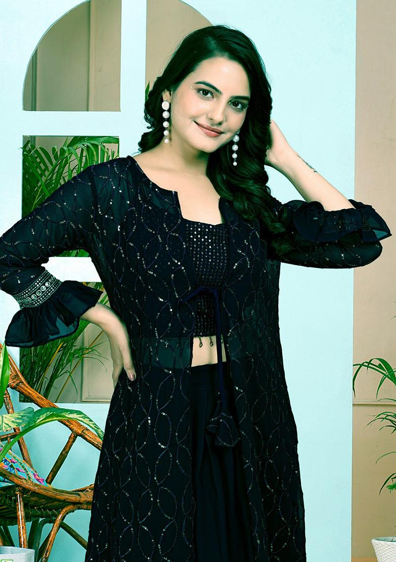 Black Embroidery Georgette Kurta Set - Indya