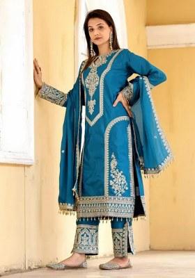 Aqua Blue Embroidery Chinon Kurta Set