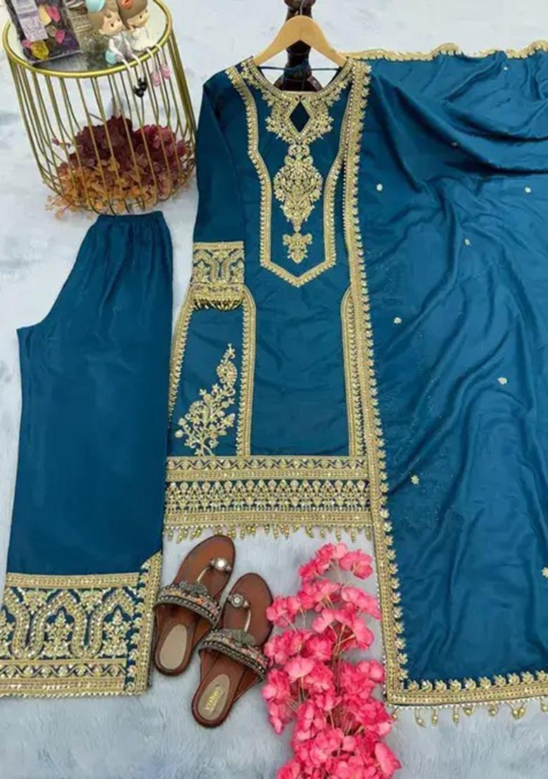Aqua Blue Embroidery Chinon Kurta Set - Indya
