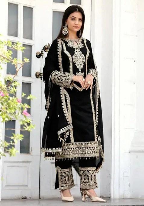 Black Embroidery Chinon Kurta Set