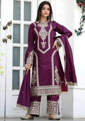 Wine Embroidery Chinon Kurta Set