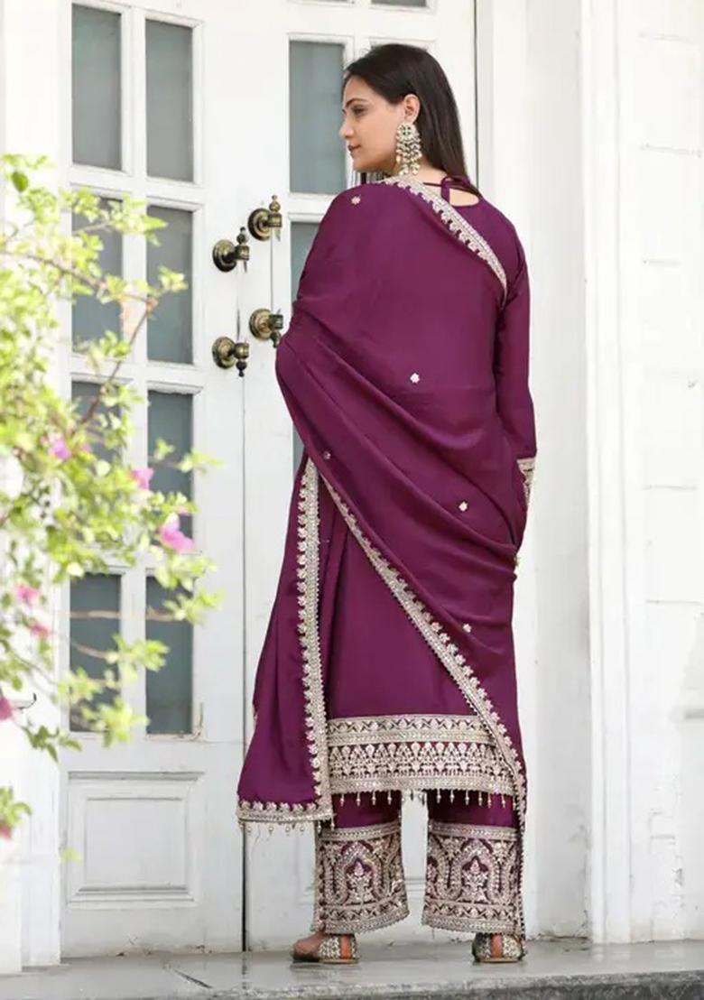 Wine Embroidery Chinon Kurta Set - Indya