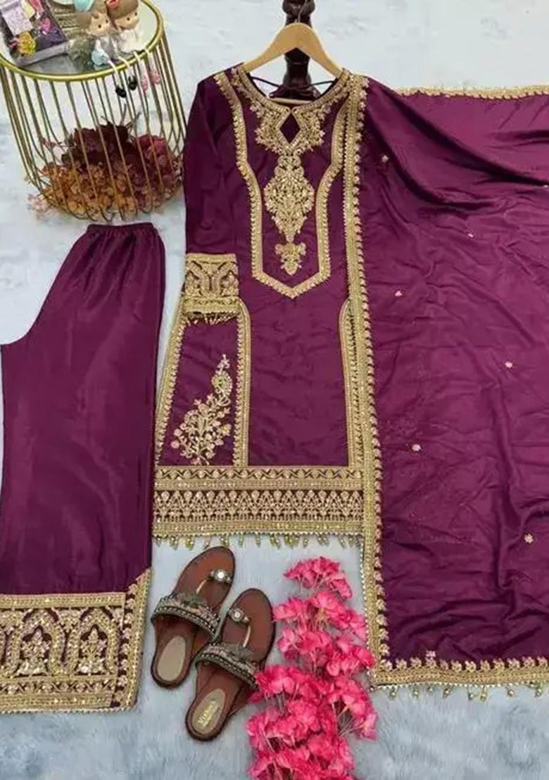 Wine Embroidery Chinon Kurta Set - Indya