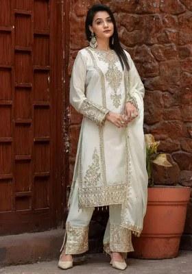White Embroidery Chinon Kurta Set