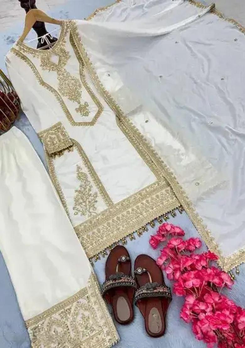 White Embroidery Chinon Kurta Set - Indya