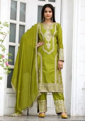 Green Embroidery Chinon Kurta Set