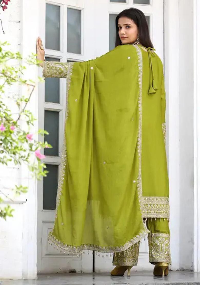 Green Embroidery Chinon Kurta Set - Indya
