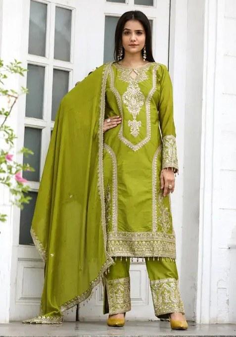 Green Embroidery Chinon Kurta Set