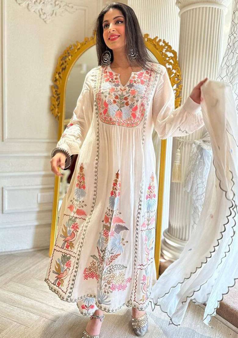 White Embroidered Georgette Anarkali Set - Indya