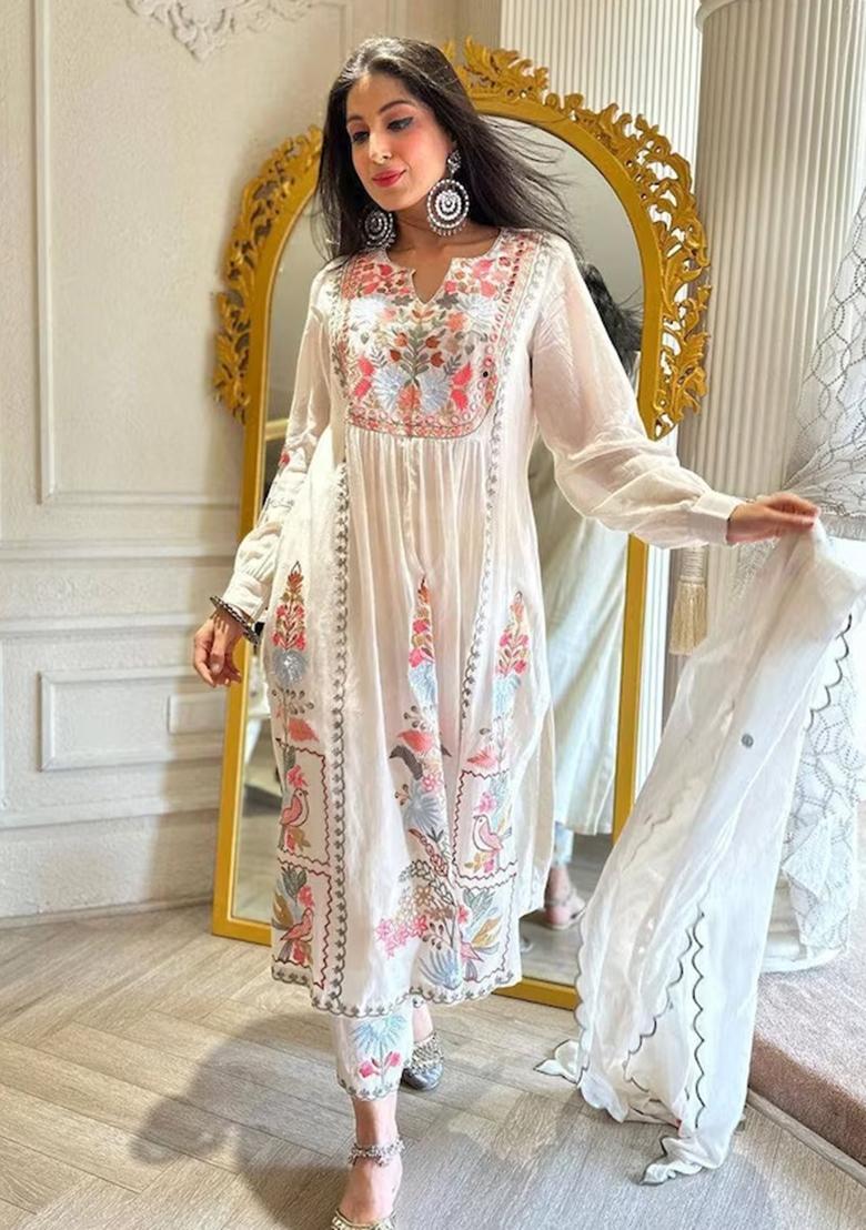 White Embroidery Georgette Kurta Set - Indya