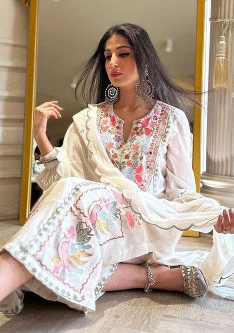 White Embroidered Georgette Anarkali Set - Indya