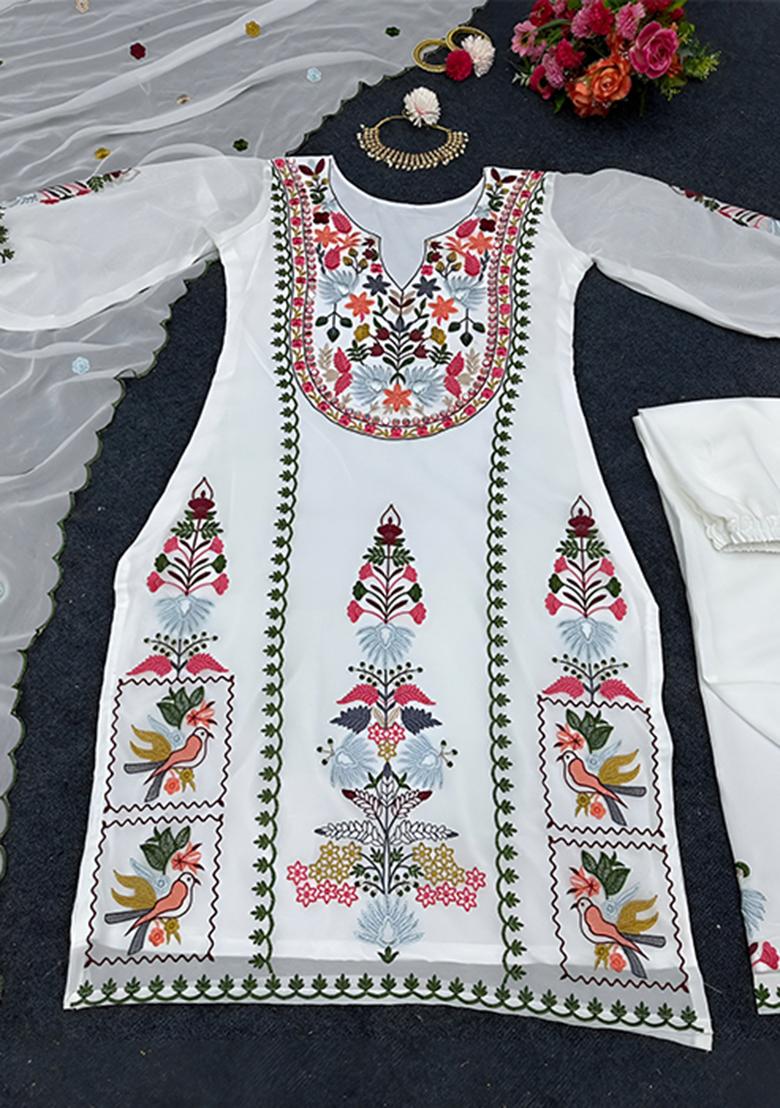 White Embroidery Georgette Kurta Set - Indya